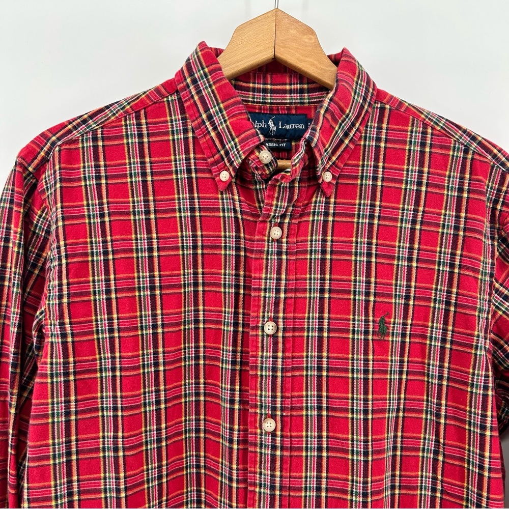 Ralph Lauren Plaid Shirt Mens Medium Red Button Down Green Pony Logo - Picture 2 of 10